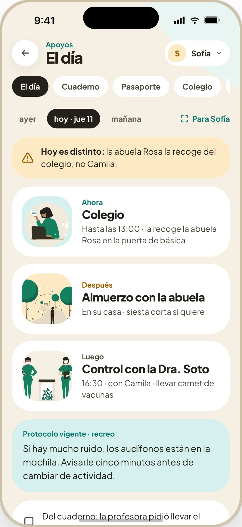 Apoyos en Kinnai: el día de la hija con el colegio, el almuerzo con la abuela y el control médico