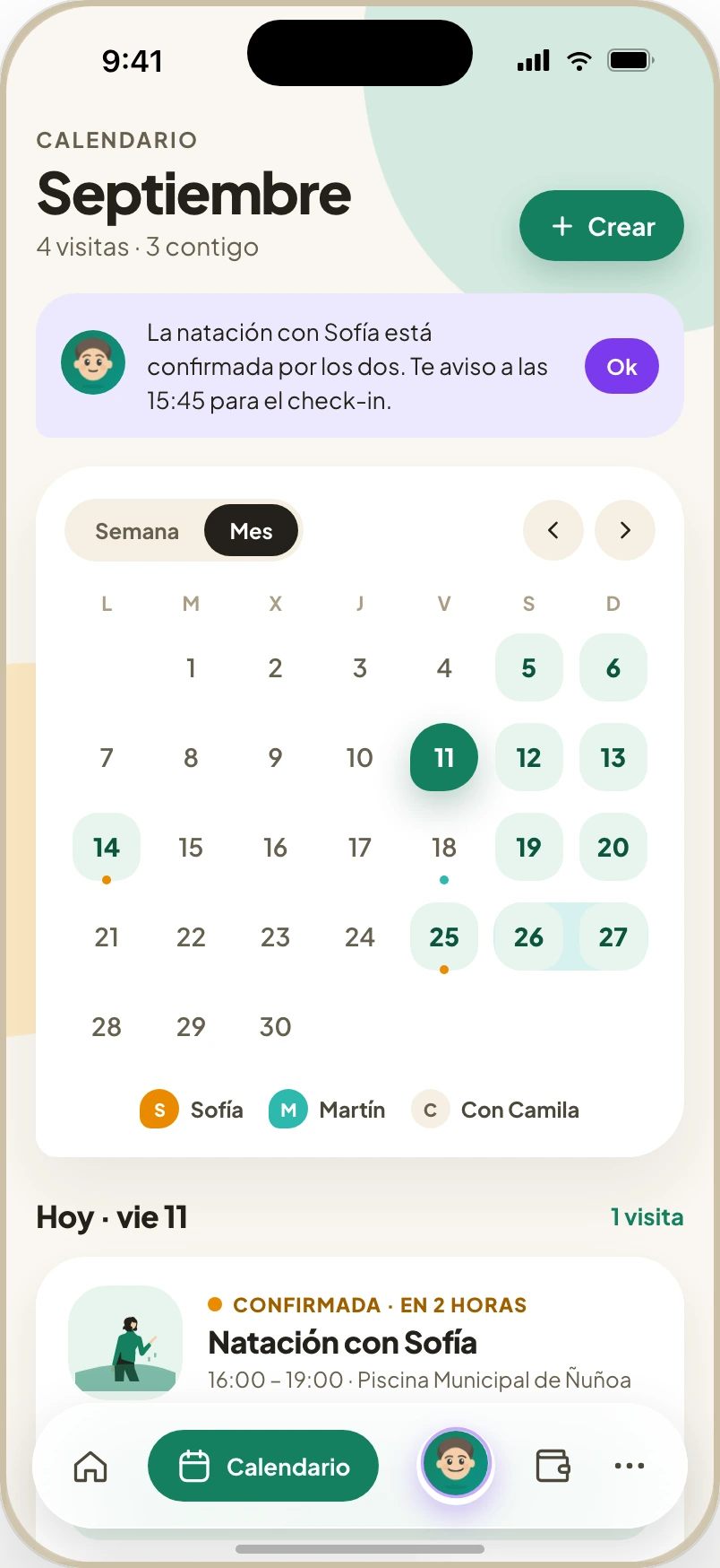 Calendario de Kinnai en dos hogares: el mes con los días de cada hijo y la natación de hoy, confirmada por ambos